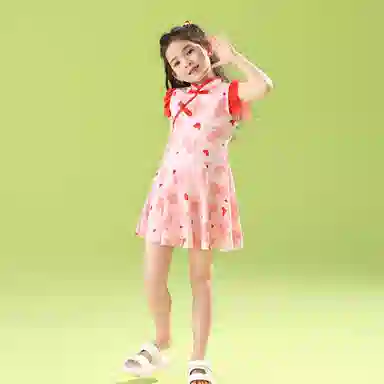 儿童款唐狮童装 满印立领套头无袖泳裙松紧腰短裤儿童泳装 粉红色