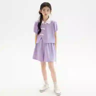 儿童款 唐狮童装 翻领舒适柔软轻盈透气休闲运动套装 浅紫色