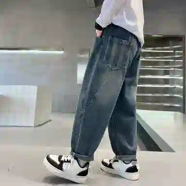 唐狮童装 宽松加绒长裤牛仔裤 儿童款 藏青色
