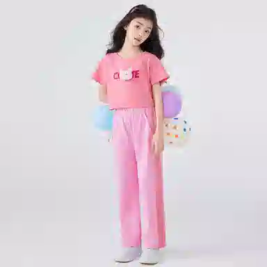 唐狮童装 圆领字母卡通动漫休闲运动套装 儿童款 桃色