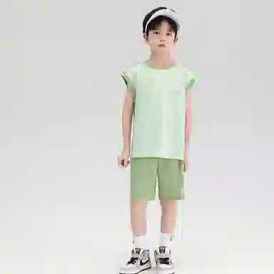 大童 唐狮童装 简约字母印花圆领套头无袖上衣松紧腰舒适短裤休闲运动套装 浅绿色