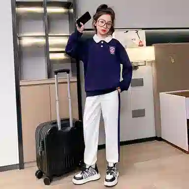唐狮童装 简约字母套头长袖上衣松紧腰束脚长裤休闲运动套装 儿童款 藏青色
