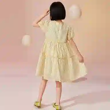 唐狮童装 简约圆领套头休闲短袖儿童连衣裙 儿童款 浅黄色
