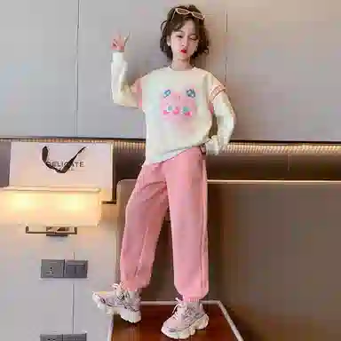 唐狮童装 字母印花圆领套头长袖上衣松紧腰长裤休闲运动套装 儿童款 白色