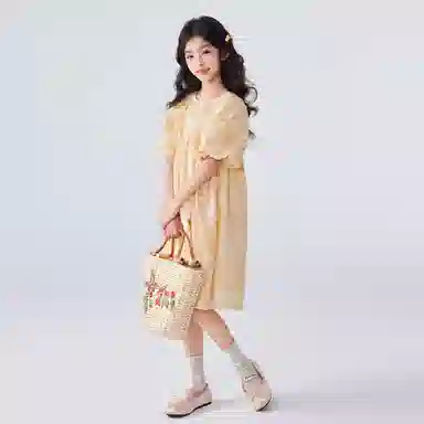 唐狮童装 简约圆领套头插肩短袖儿童连衣裙 儿童款 浅黄色