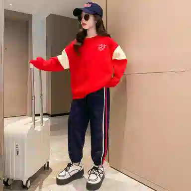 唐狮童装 落肩宽松圆领套头上衣束脚裤休闲运动套装 儿童款