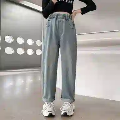 唐狮童装 宽松印花卡通动漫中腰牛仔裤 儿童款 浅牛仔蓝