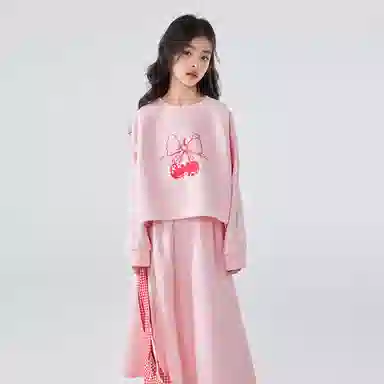 儿童款 唐狮童装 圆领甜美插肩长袖卫衣简约百搭舒适半身裙裙装套装 粉红色
