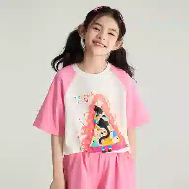 中童 唐狮童装 字母卡通印花拼色休闲运动套装 白色