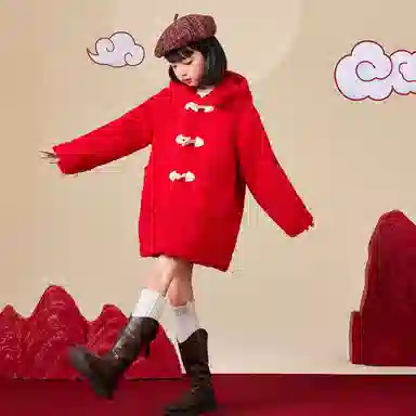 唐狮童装 纯色加绒加厚牛角扣中长款休闲长袖绒感外套 儿童款 红色