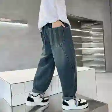 唐狮童装 宽松加绒长裤牛仔裤 儿童款 藏青色