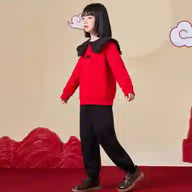唐狮童装 翻领套头加绒加厚长袖卫衣纯色松紧腰束脚长裤休闲运动套装 儿童款 红色