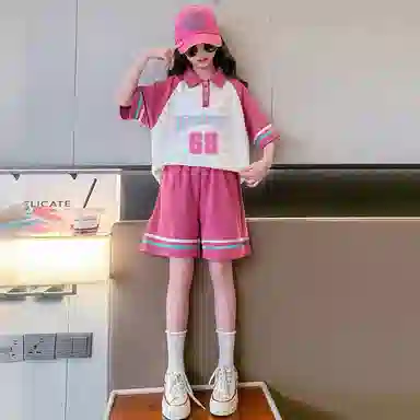 儿童款 唐狮童装 字母数字印花套头插肩短袖上衣松紧腰宽松短裤休闲运动套装 桃色