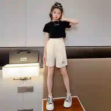 唐狮童装 纯色绣花休闲儿童短裤 儿童款 米白色