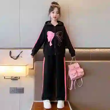 唐狮童装 蝴蝶结图案连帽插肩长袖上衣松紧腰直筒长裤休闲运动套装 儿童款 黑色
