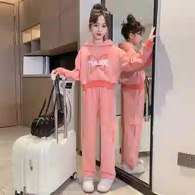 唐狮童装 简约字母蝴蝶连帽卫衣松紧腰口袋长裤休闲运动套装 儿童款 桃色