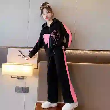 唐狮童装 蝴蝶结图案连帽插肩长袖上衣松紧腰直筒长裤休闲运动套装 儿童款 黑色