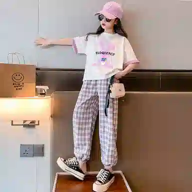 唐狮童装 圆领套头短袖上衣格子舒适百搭裤子休闲运动套装 儿童款