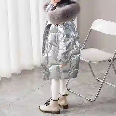 唐狮童装 反光中长款连帽加厚保暖休闲长袖羽绒服 儿童款 银色