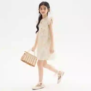 唐狮童装 竹子图案立领飞飞短袖儿童连衣裙 大童 翠绿色