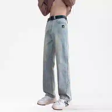 双星八特 美式复古纯色水洗做旧黄泥染高街宽松休闲直筒显高显瘦牛仔裤 男女同款