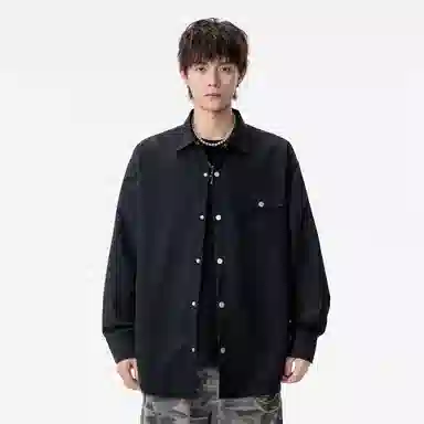 双星八特 学院风纯色宽松休闲翻领长袖衬衫 男女同款