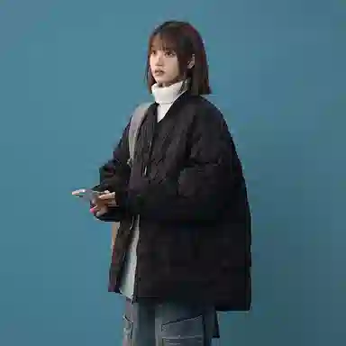 双星八特 日系学院风纯色菱形格外套宽松休闲百搭情侣棉服 男女同款