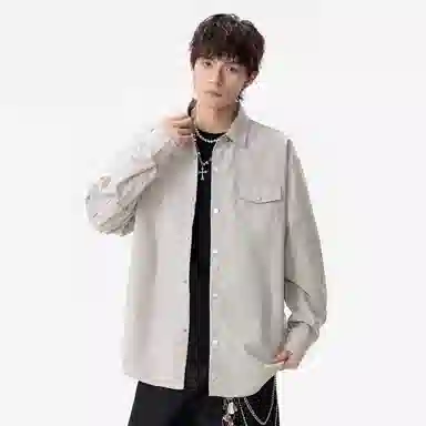 双星八特 学院风纯色宽松休闲翻领长袖衬衫 男女同款