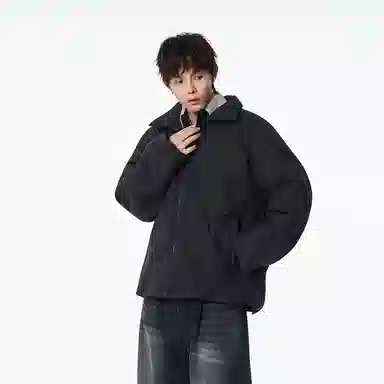 双星八特 美式潮流学院风立领宽松休闲百搭外套经典纯色格子棉服 男女同款