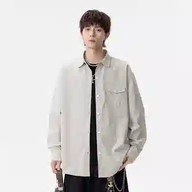 双星八特 学院风纯色宽松休闲翻领长袖衬衫 男女同款