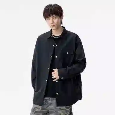 双星八特 学院风纯色宽松休闲翻领长袖衬衫 男女同款