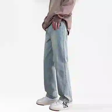 双星八特 美式复古纯色水洗做旧黄泥染高街宽松休闲直筒显高显瘦牛仔裤 男女同款