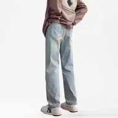 双星八特 美式复古纯色水洗做旧黄泥染高街宽松休闲直筒显高显瘦牛仔裤 男女同款