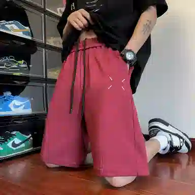 玉儿恋 美式重磅潮流青少年拼接刺绣纯色百搭宽松五分休闲短裤 男女同款