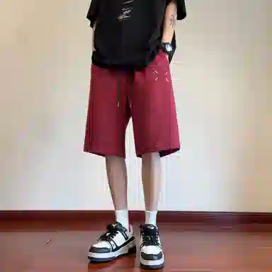 玉儿恋 美式重磅潮流青少年拼接刺绣纯色百搭宽松五分休闲短裤 男女同款