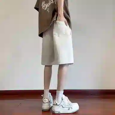 玉儿恋 美式重磅潮流青少年拼接刺绣纯色百搭宽松五分休闲短裤 男女同款