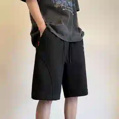 玉儿恋 美式重磅潮流青少年拼接刺绣纯色百搭宽松五分休闲短裤 男女同款