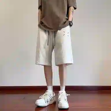 玉儿恋 美式重磅潮流青少年拼接刺绣纯色百搭宽松五分休闲短裤 男女同款