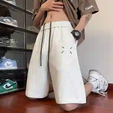 玉儿恋 美式重磅潮流青少年拼接刺绣纯色百搭宽松五分休闲短裤 男女同款