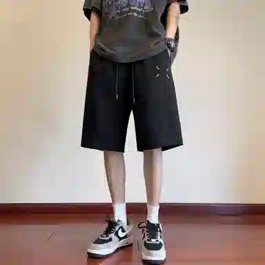 玉儿恋 美式重磅潮流青少年拼接刺绣纯色百搭宽松五分休闲短裤 男女同款