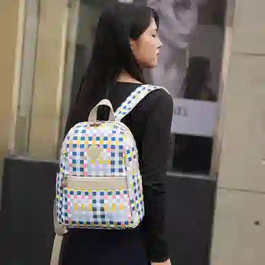 菲都狄都双肩包旅行小背包轻便双肩包女尼龙织物布背包 多彩格纹