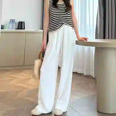 卡路莉 白色棉麻阔腿裤休闲裤 女款