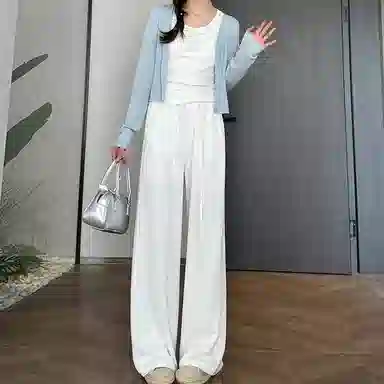 卡路莉 白色棉麻阔腿裤休闲裤 女款