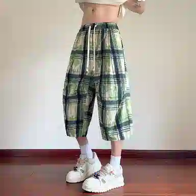 顶峰保罗 扎染格子迷彩七分裤子冰丝薄款运动时尚百搭设计感无性别主义直筒过膝加肥加大码休闲短裤 男女同款