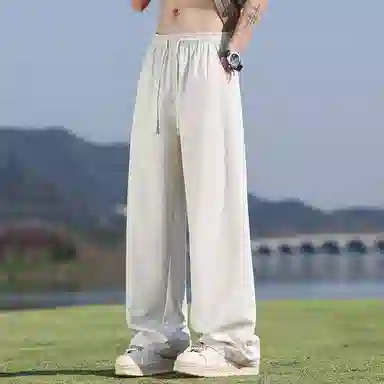 顶峰保罗 冰丝网眼透气纯色薄款无性别主义垂感阔腿长裤弹力户外健身运动百搭抽绳显高直筒宽松休闲裤 男女同款