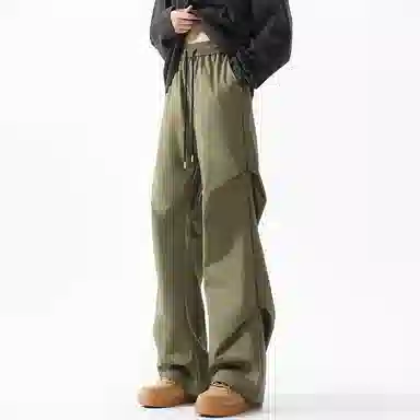 顶峰保罗 美式冰丝褶皱工装直筒无性别主义户外登山骑行运动健身阔腿伞兵解构设计长裤弹力抽绳显高百搭宽松大码高街潮牌休闲裤 男女同款
