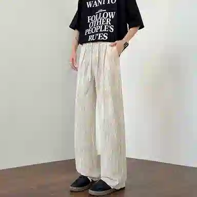 顶峰保罗 美式复古潮牌凉感舒适薄款直筒长裤竖条纹理感宽松小众百搭显瘦拖地阔腿休闲裤 男女同款