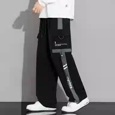 顶峰保罗 美式潮牌条纹拼接工装大口袋伞兵裤无性别主义宽松加肥加大直筒运动长裤简约百搭弹力抽绳显高显瘦高街阔腿垂感休闲裤 男女同款