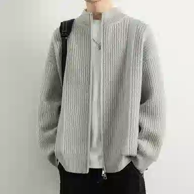 顶峰保罗 日系慵懒风潮牌立领双拉链开衫外套高街百搭无性别主义宽松大码休闲运动纯色上衣显高显瘦轻熟风毛衣 男女同款