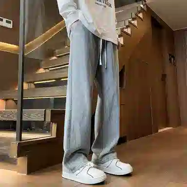 顶峰保罗 美式潮牌复古宽松直筒阔腿薄款水洗做旧休闲透气高街百搭牛仔裤 男女同款